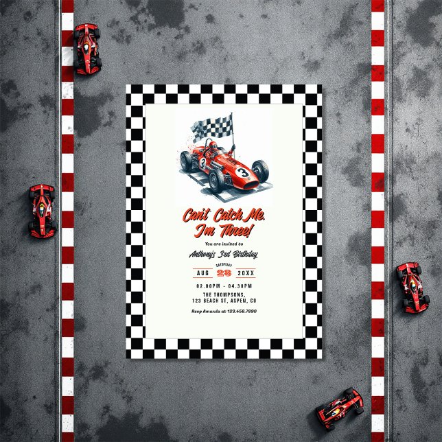 Convite Não posso me pegar, sou três Festas de aniversário (Can't Catch Me I'm Three Race Car Birthday Party Invitation)