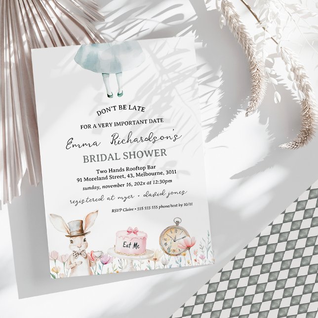 Convite Não se atrase Alice no Chá de panela das Maravilha (Alice in Wonderland Bridal Shower Invitation, Don't be Late For Important Date Bridal Shower Invite)