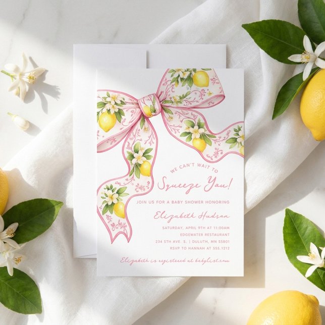 Convite Não Vemos a Hora de Abraçar Você, Chamada de Lemon (We Can't Wait to Squeeze You Lemon Bow Baby Shower Invitation)