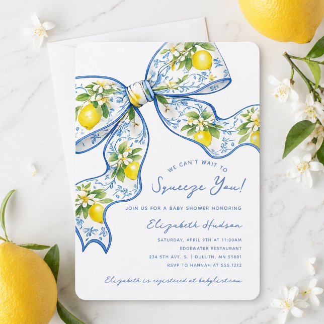 Convite Não Vemos a Hora de Abraçar Você, Chamada de Lemon (We Can't Wait to Squeeze You Lemon Bow Baby Shower Invitation)