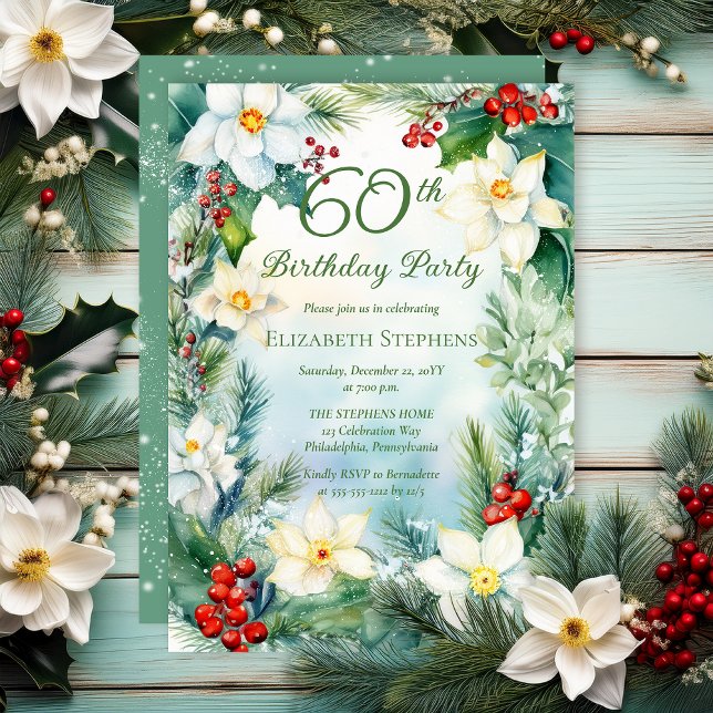 Convite Narcissus | Holly Floral 60th Birthday Party  (Narcissus, Holly and Berries Winter Floral 60th Birthday Party Invitation - Print | Digital)