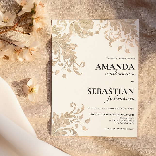 Convite Narrativa negra e moderna do casamento floral de o (Modern black typography white gold floral Wedding)