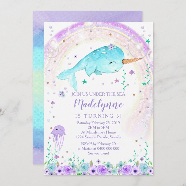 Convite Narwhal para Meninas (Frente/Verso)