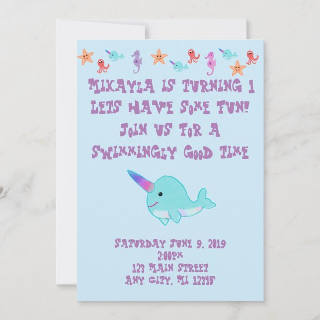 Convite Narwhal personalizou (Frente)