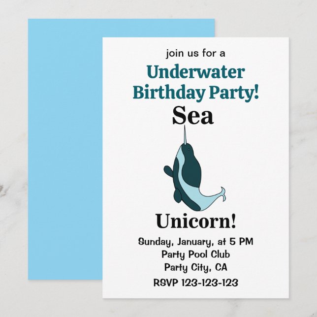 Convite Narwhal Sea Unicorn Underwater Birthday Party (Frente/Verso)