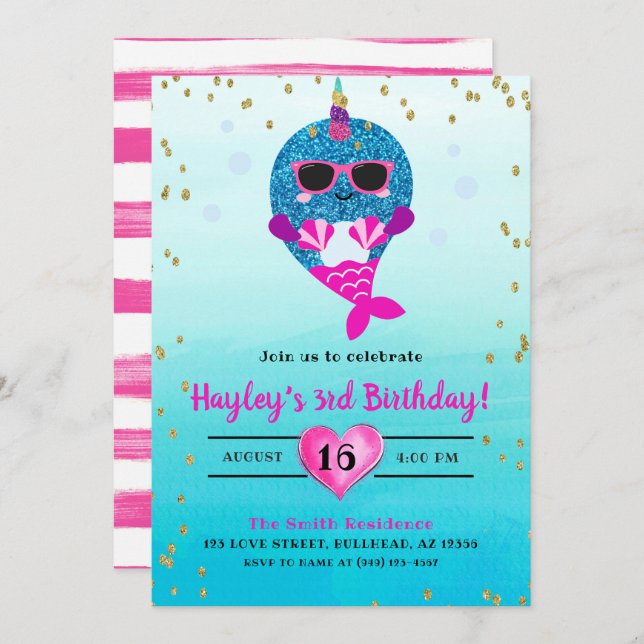 Convite Narwhal Sereia Girls Glitter Watercolor Verão (Frente/Verso)