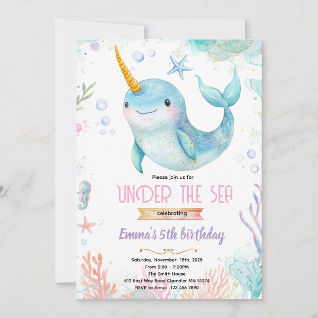 Convite Narwhal theme party invitation (Frente)