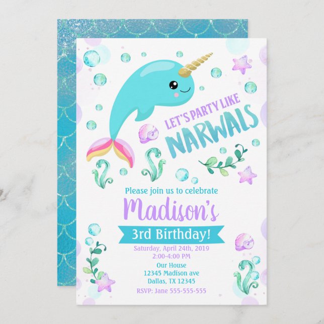 Convite Narwhat Birthday Invitation Magical Party (Frente/Verso)