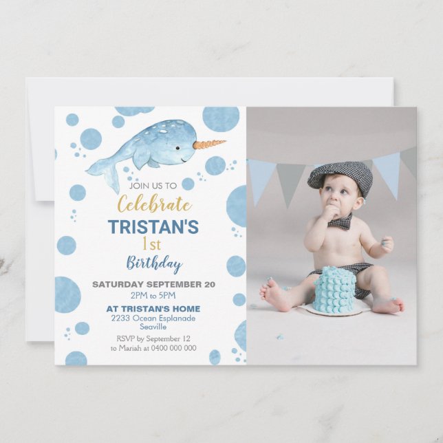 Convite Narwhat Birthday Photo Invitation Boy (Frente)