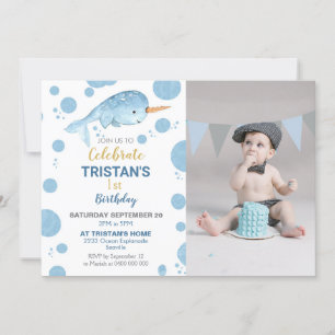 Convite Narwhat Birthday Photo Invitation Boy