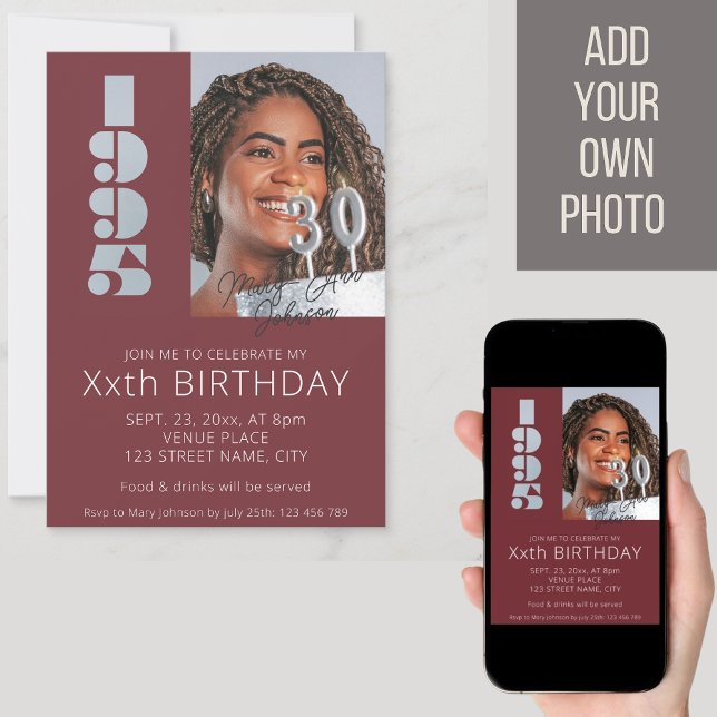 Convite nascer de aniversário de 30 anos em vermelho burgu (Criador carregado)