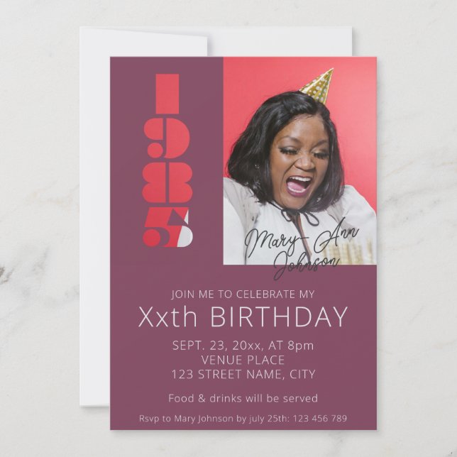 Convite nascer de aniversário de 40 anos em 1985 roxo (Frente)