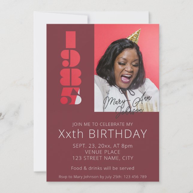 Convite nascer de aniversário de 40 anos em vermelho burgu (Frente)