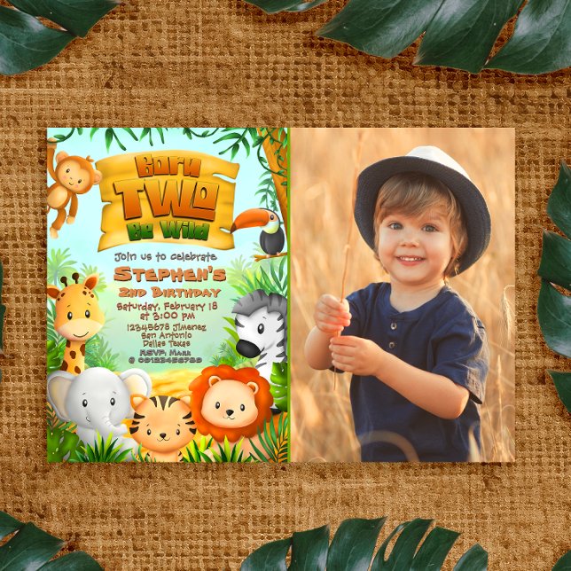 Convite Nascer Dois Ser Selvagem - segundo aniversário Saf (Born Two Be Wild - Safari 2nd Birthday with Photo Invitation)