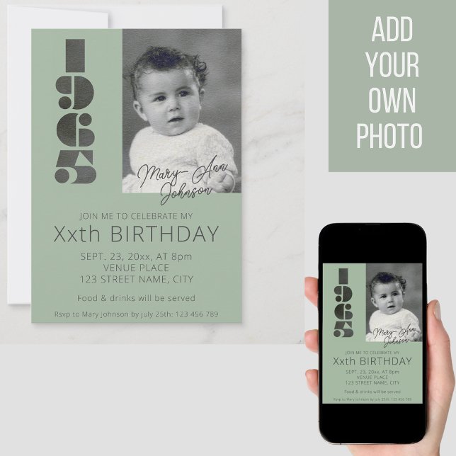 Convite nascer fotográfico de 60º aniversário em verde ver (Criador carregado)