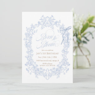 Convite Nascido para Florescer Azul Floral Aniversário