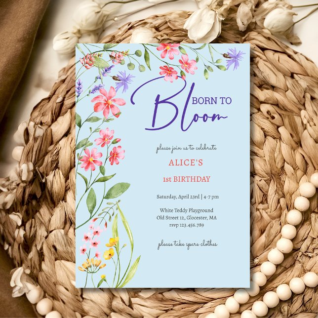 Convite Nascido para florescer flores silvestres aniversár (Criador carregado)