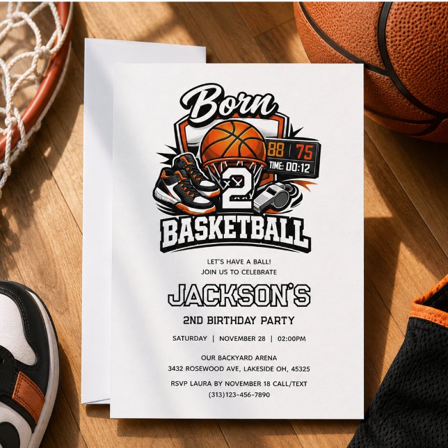 Convite Nascido para o Basquete Tema de Aniversário de 2 a (Born 2 Basketball Sports Themed Boy 2nd Birthday Invitation)