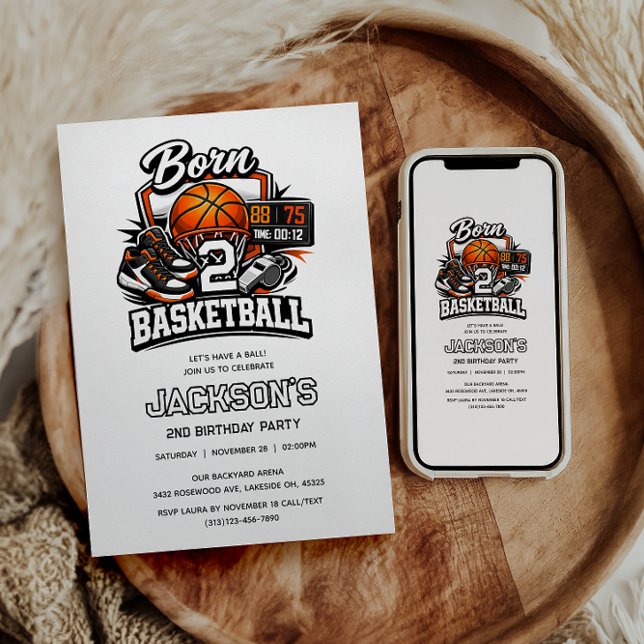 Convite Nascido para o Basquete Tema de Aniversário de 2 a (Born 2 Basketball | Sports Themed Boy 2nd Birthday Party)