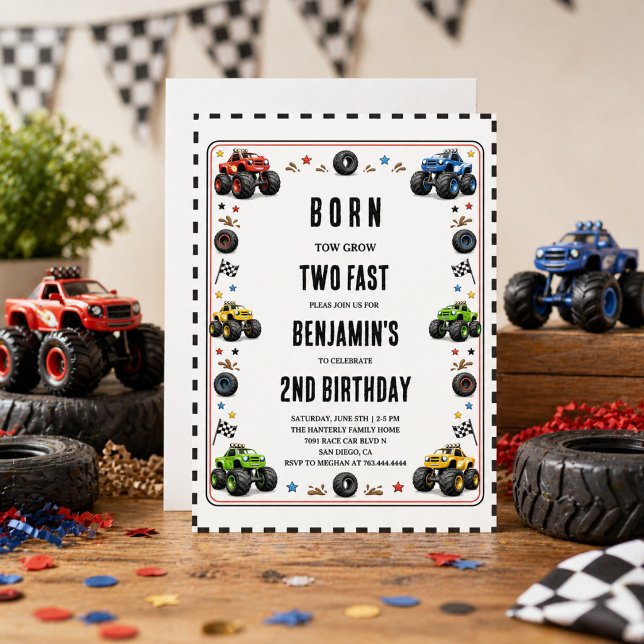 Convite Nascidos para Crescer Dois Monstros de Caminhões R (Born to Grow Two Fast Monster Trucks 2nd Birthday Invitation
)