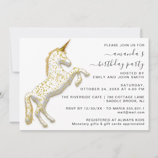 Convite Nascimento branco Dourado do Cavalo Unicórnio com  (Frente)