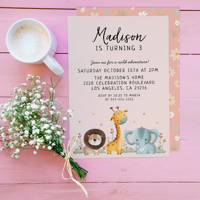 Convite Nascimento de Animais Selvagens de Festa Menina (Criador carregado)