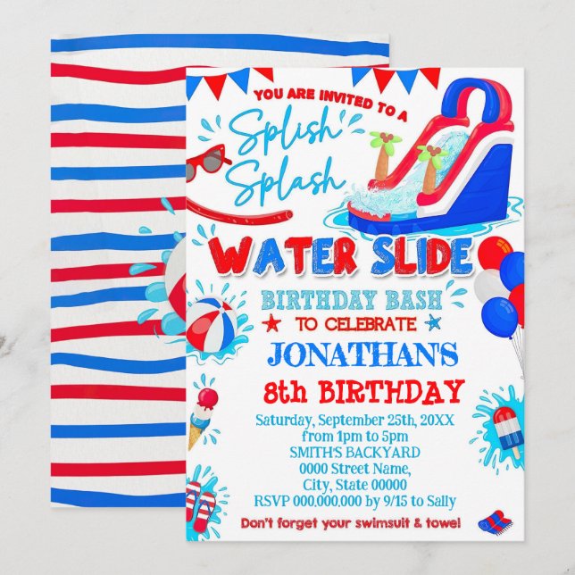 Convite Nascimento de Red White e Blue Splish Splash Water (Frente/Verso)