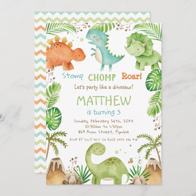 Convite Nascimento do Menino Verde Dinossauro Cinto-d-Água (Frente/Verso)