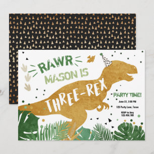 Convite Nascimento Dourado do Dinossauro T-Rex Três Rex RA