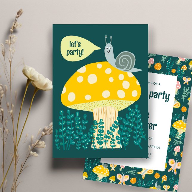 Convite NASCIMENTO PERSONALIZÁVEL E Adorável Cogumelo de S (Snail Mushroom Cute Adorable CUSTOM BIRTHDAY Party Invitation
)