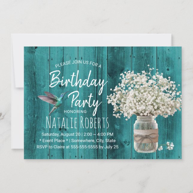 Convite Nascimento Rustic Baby's Breath & Hummingbird Teal (Frente)