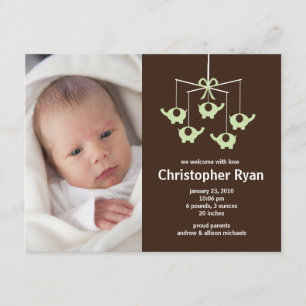 Convite Nascimento verde Annoucement do bebé dos elefantes