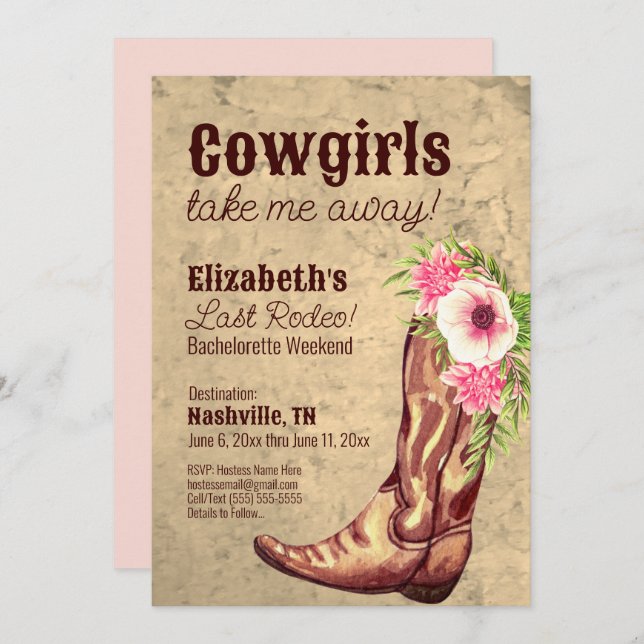 Convite Nashville Bachelorette Rustic Pink Cowgirl (Frente/Verso)
