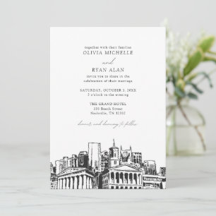 Convite Nashville Skyline Negra e Casamento Branco Moderno