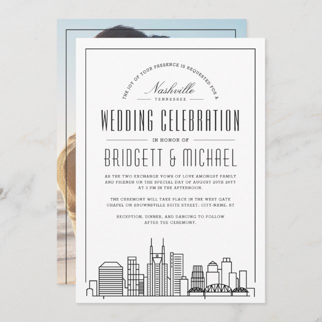 Convite Nashville Wedding | Linha Skyline Moderna de Deco (Frente/Verso)