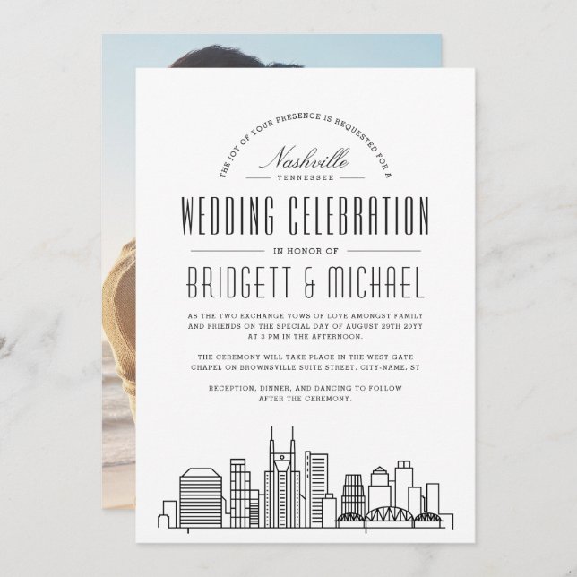 Convite Nashville Wedding | Linha Skyline Moderna de Deco (Frente/Verso)
