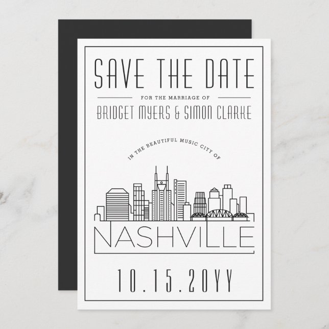 Convite Nashville Wedding | Skyline Estilizado Salvar a Da (Frente/Verso)