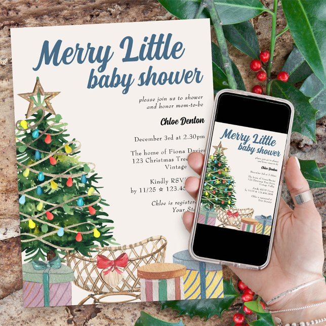 Convite Natais vintages Feliz Chá de fraldas pequeno (Merry Little baby shower invitation for the holiday season with crib under the christmas tree)