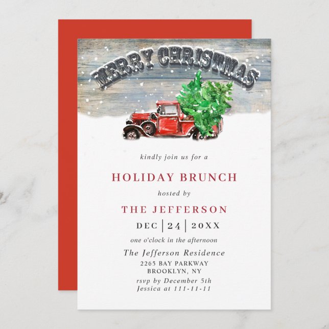Convite Natais vintages Retro Red Truck HOLIDAY BRUNCH (Frente/Verso)