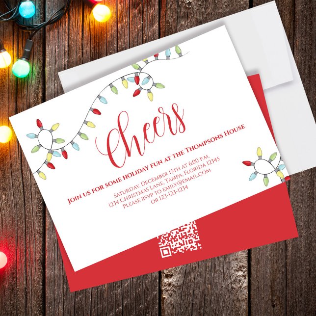 Convite Natal anima Cordas Coloridas Luzes QR (Christmas holiday party invitation with festive string of lights. )