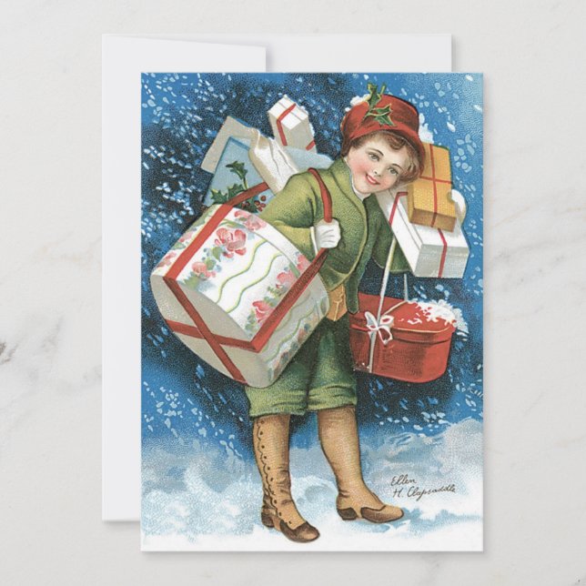 Convite Natal Antigo, Menina com Presentes na Neve de Inve (Frente)