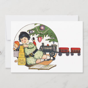 Convite Natal Antigo, Menino Feliz Brincando com Brinquedo