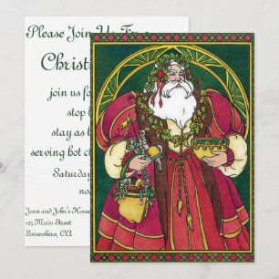 Convite Natal Antigo, Papai Noel com Folhas de Azevinho