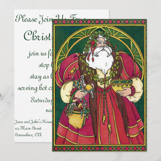 Convite Natal Antigo, Papai Noel com Folhas de Azevinho (Frente/Verso)