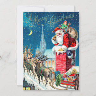 Convite Natal Antigo Vitoriano Papai Noel na Chaminé