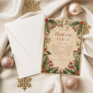 Convite Natal Antiquado com Folhas de Azevinho