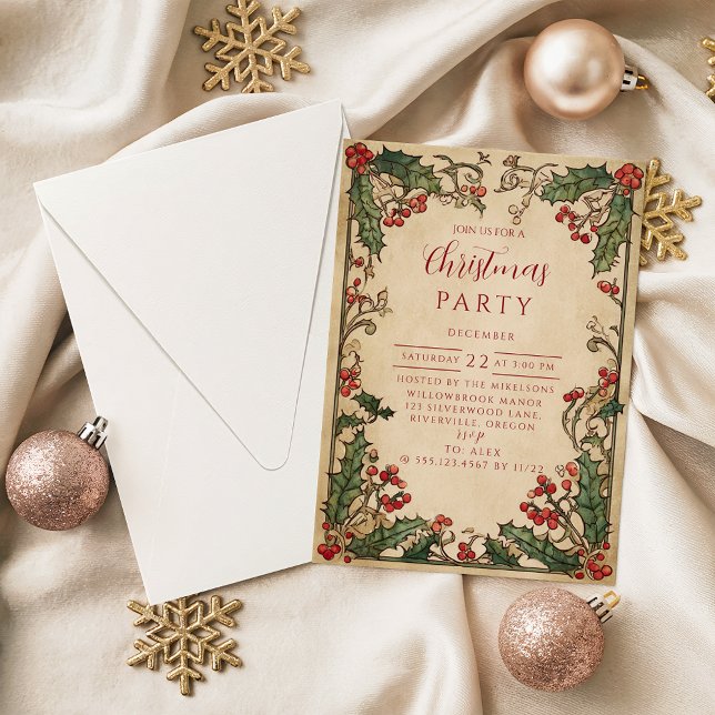 Convite Natal Antiquado com Folhas de Azevinho (Criador carregado)