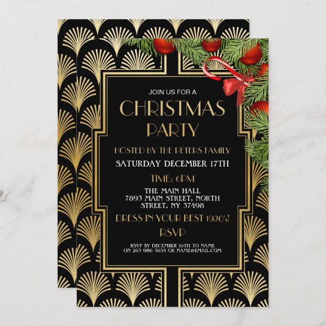 Convite Natal Art Deco Gatsby Party Dourados 2000 (Frente/Verso)