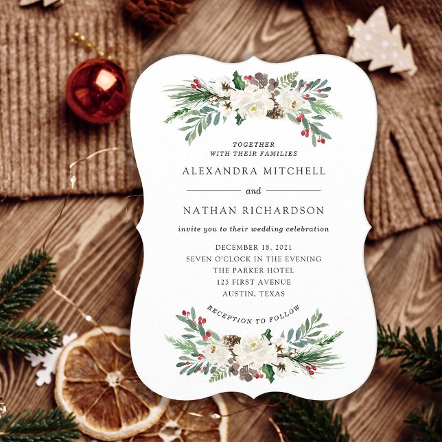 Convite Natal Botânico | Feriado Floral (An elegant, classic holiday wedding invitation for your Christmas season wedding)