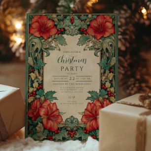 Convite Natal Botânico Vintage Vermelho Amarilis